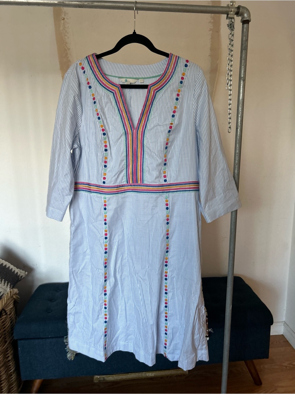 Boden Light Blue Striped Embroidered V-Neck Tunic Dress